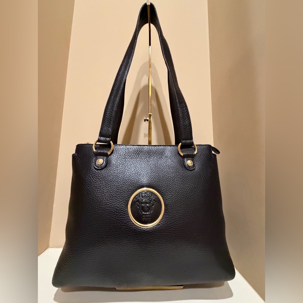 Gianni Versace Vintage Pebbled Black Leather Tote Bag